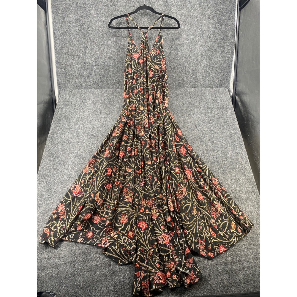 Free People Paisley Floral Maxi Dress Womens Black Red Halter Boho Gown 54" L
